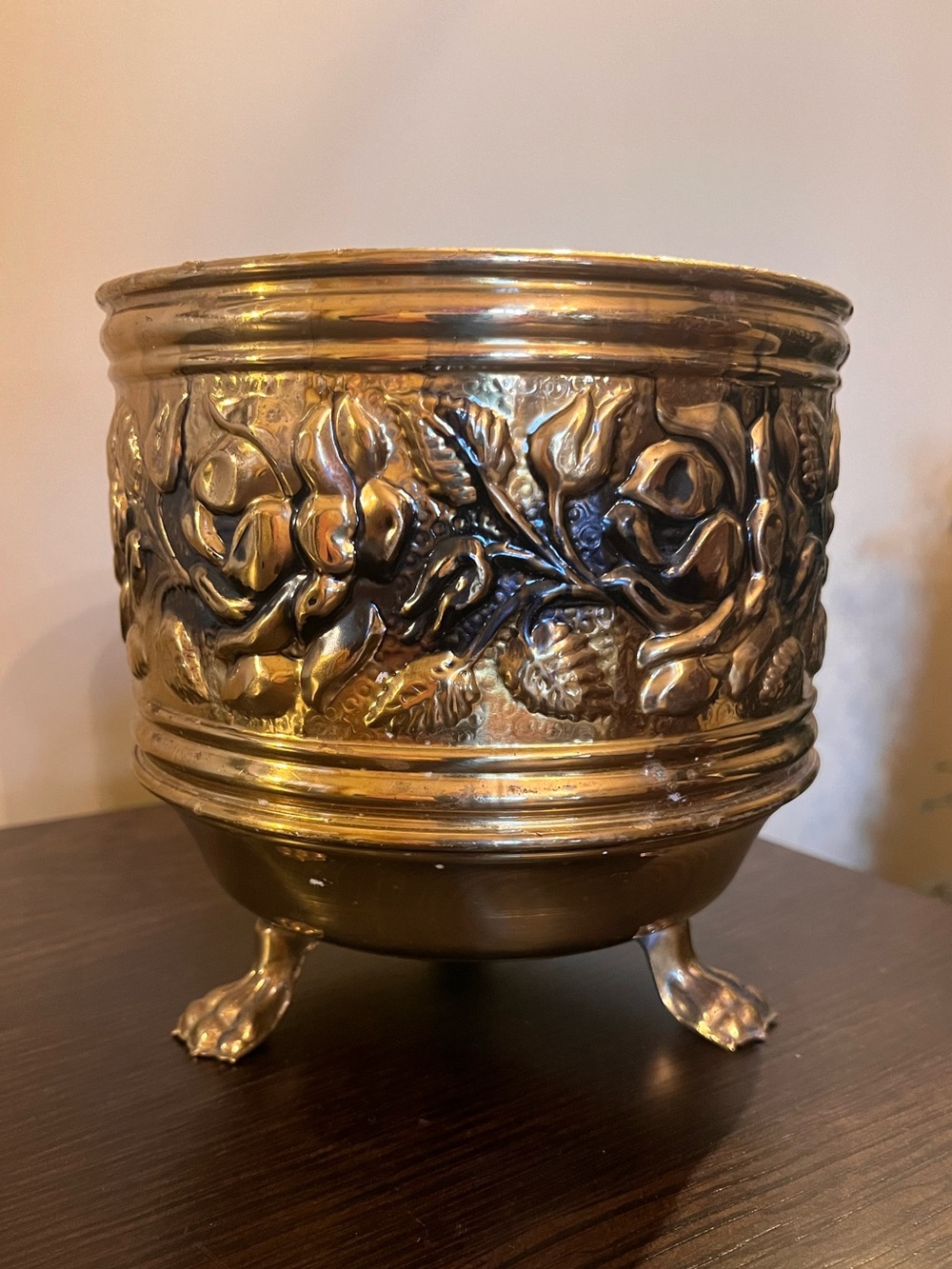 Vintage Hollywood Regency Brass Jardiniere Embossed Rose Design Footed Planter